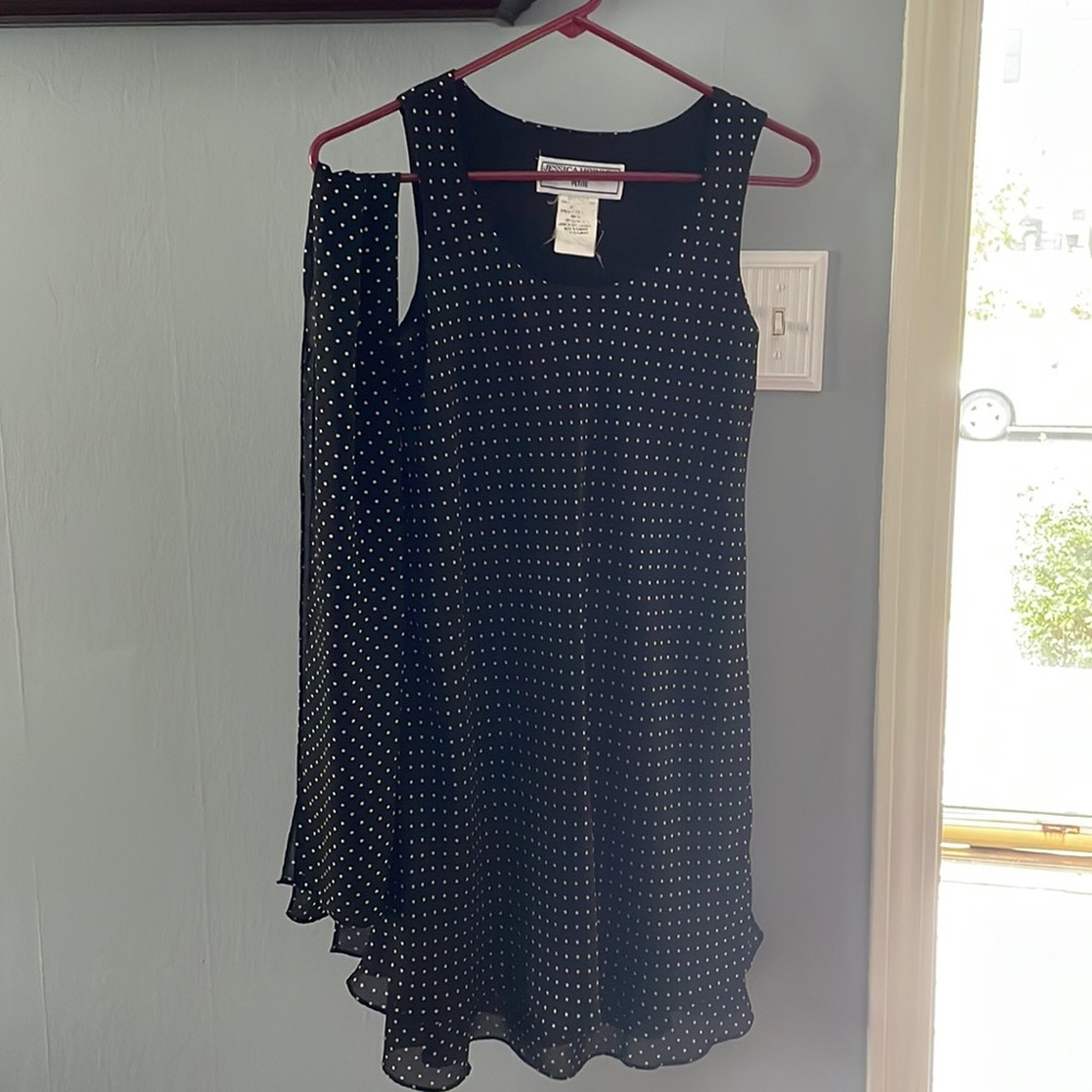 Black and cream polka dot dress with scarf/belt